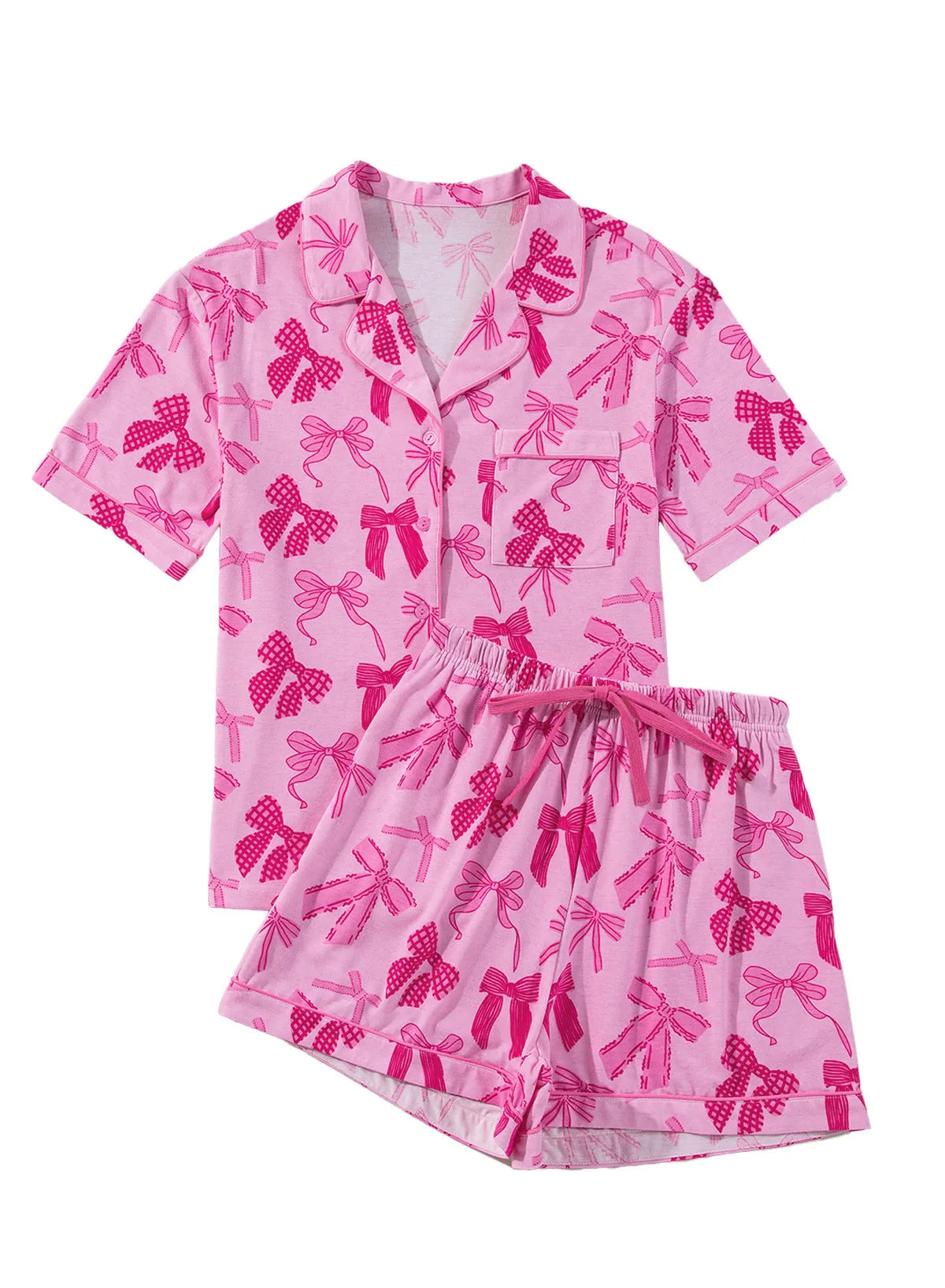 Pink bow print polyester pajama set with top and pants for sleepwear