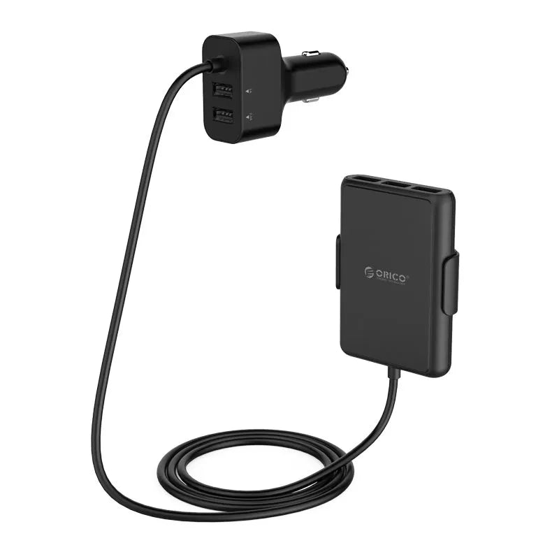 ORICO black 5-port car charger with QC3.0 expander, 1.8m cable, and USB-A ports