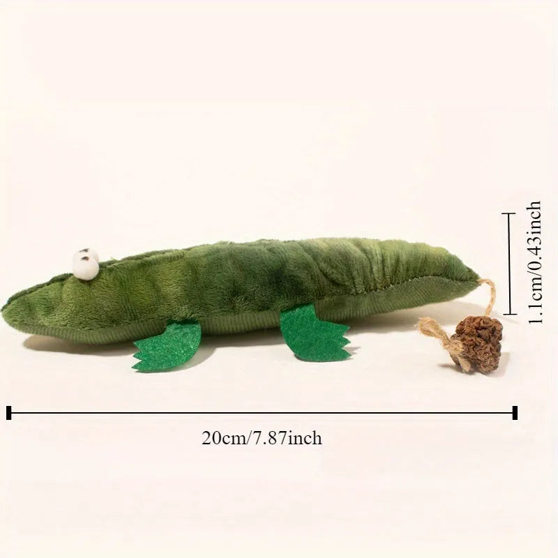 Green plush alligator catnip toy measuring 35 cm long with plant-based construction