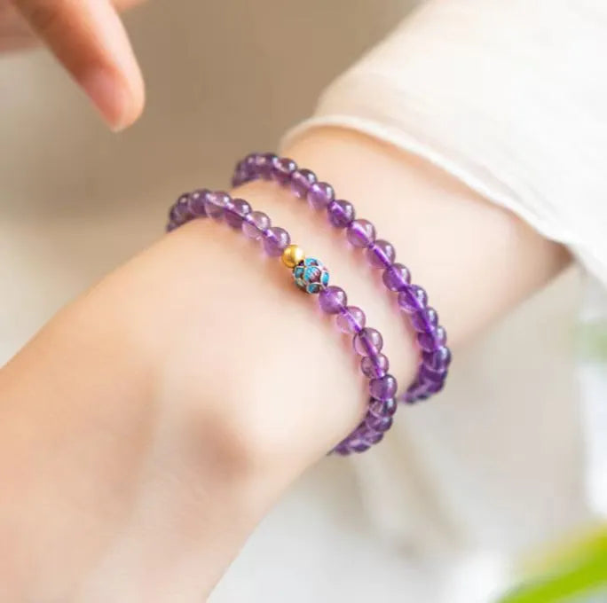 Nine purple lotus charm bracelet with mixed material construction and retro style design for women's jewellery