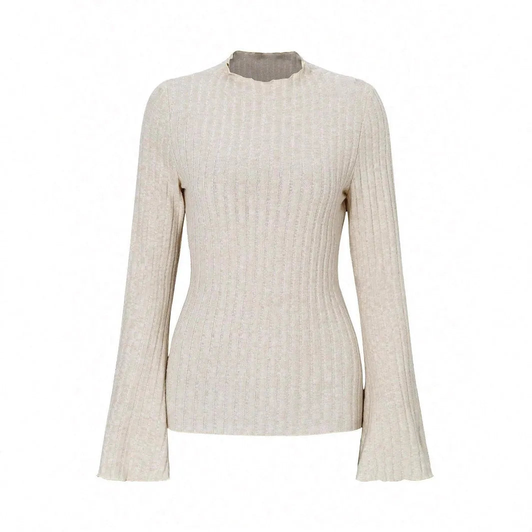 Slim fit long sleeve top with lantern sleeves in black brushed polyester fabric, showing sunken stripe detail and round neck.