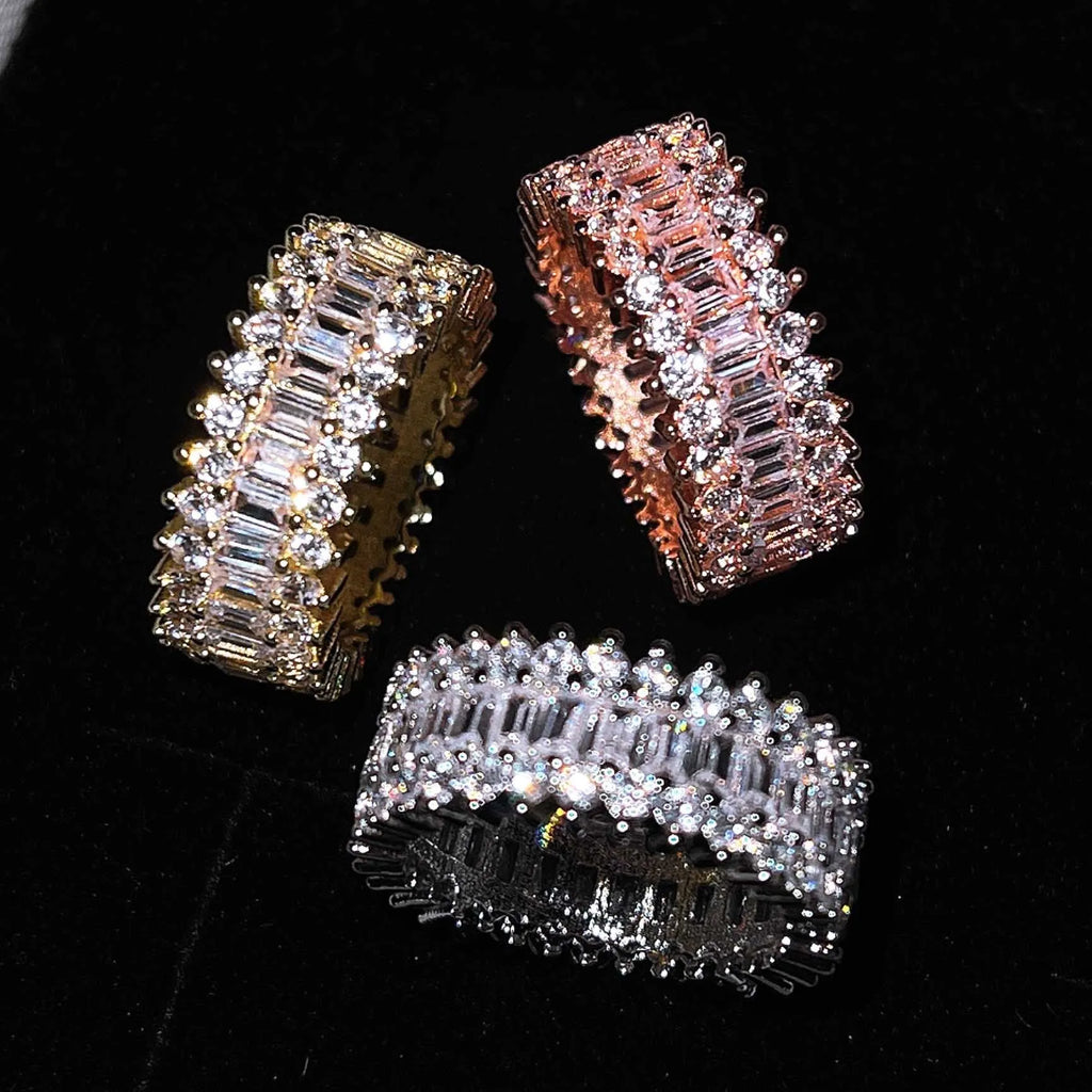 Geometric copper ring with zircon inlay in rose gold finish on neutral background