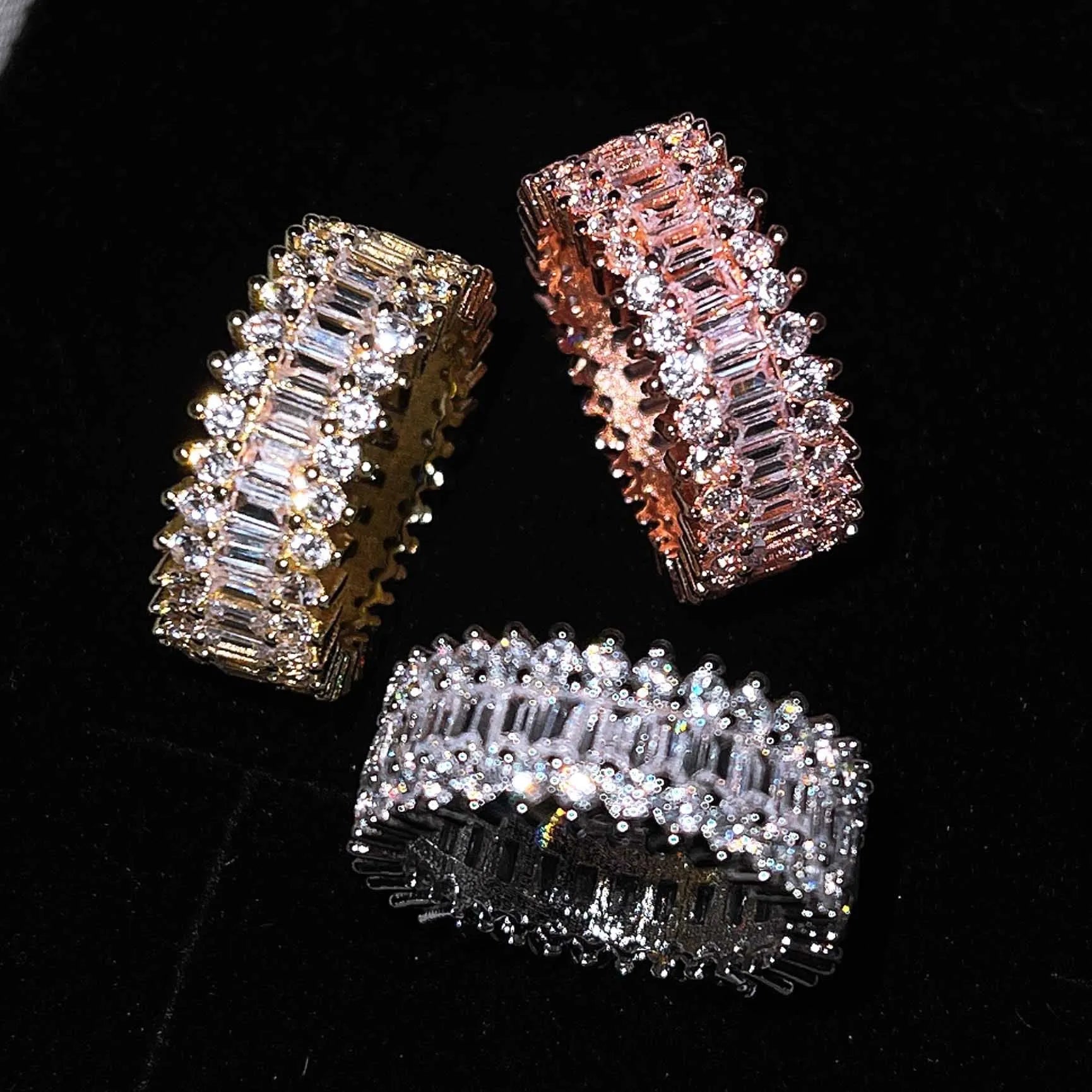 Geometric copper ring with zircon inlay in rose gold finish on neutral background