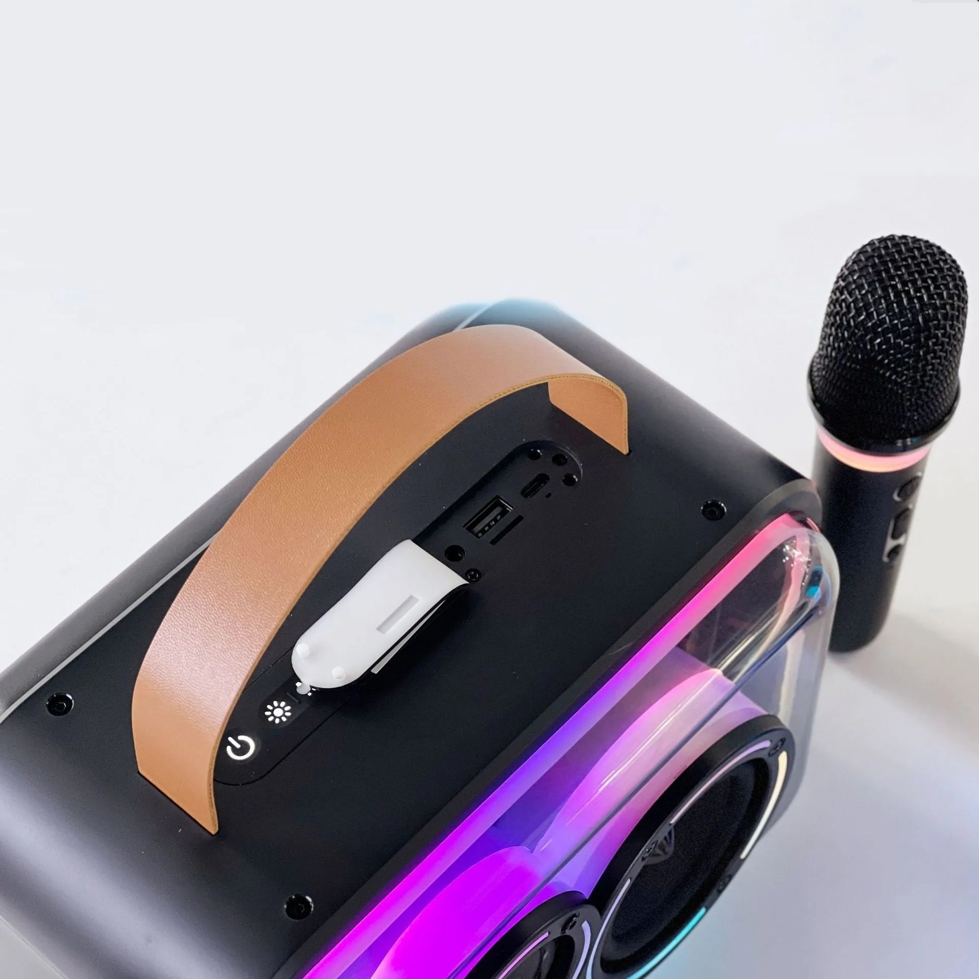 Light yellow and black Bluetooth karaoke speaker with RGB lighting and microphone options