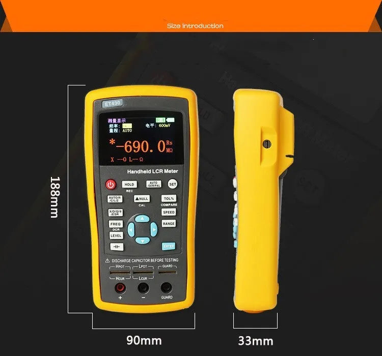 ET432 handheld LCR digital bridge with 2.8 inch TFT LCD screen and Kelvin test clamp on bench