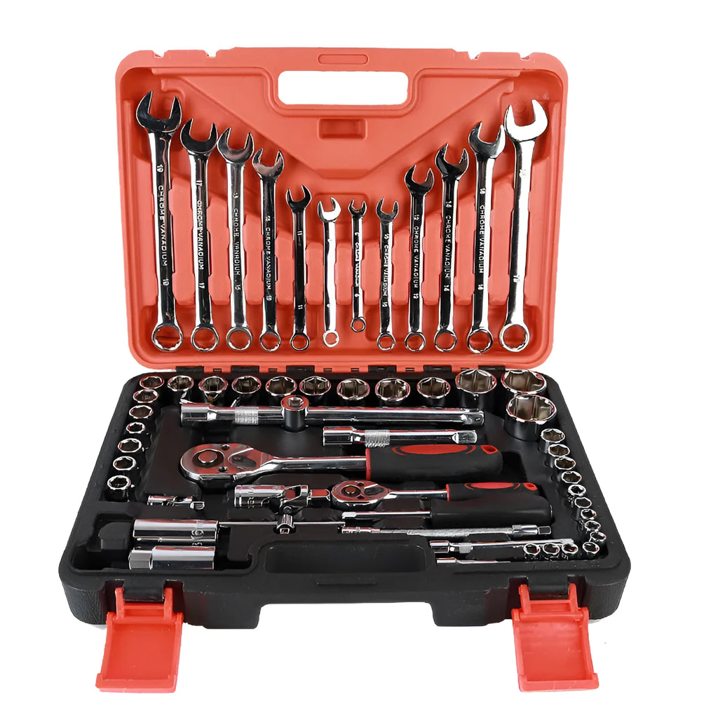 61-piece chrome vanadium steel socket and wrench set with ratchets, metric sockets, and combination wrenches laid out.