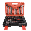 61-piece chrome vanadium steel socket and wrench set with ratchets, metric sockets, and combination wrenches laid out.