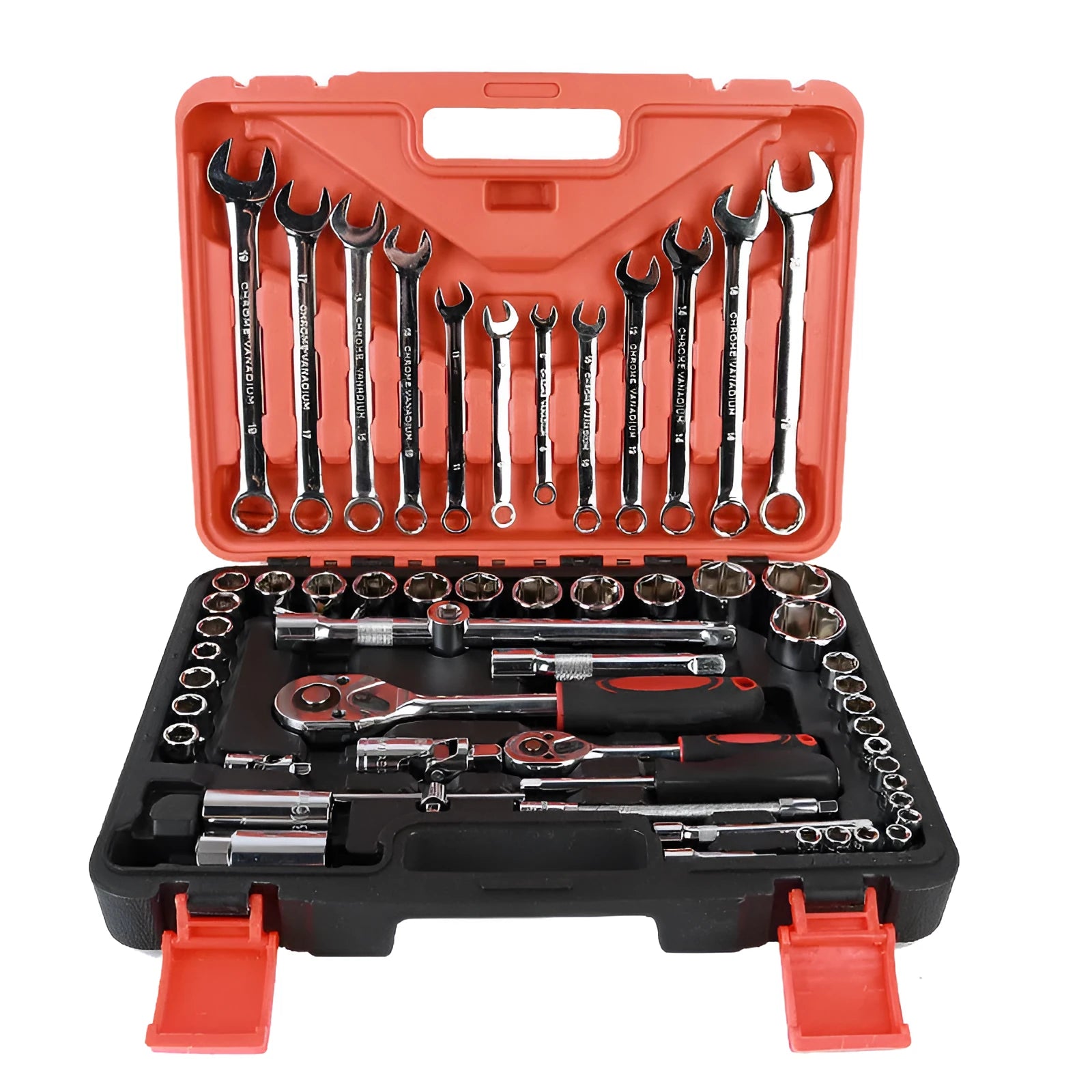 61-piece chrome vanadium steel socket and wrench set with ratchets, metric sockets, and combination wrenches laid out.