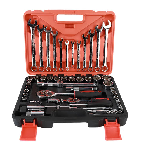 61-piece chrome vanadium steel socket and wrench set with ratchets, metric sockets, and combination wrenches laid out.