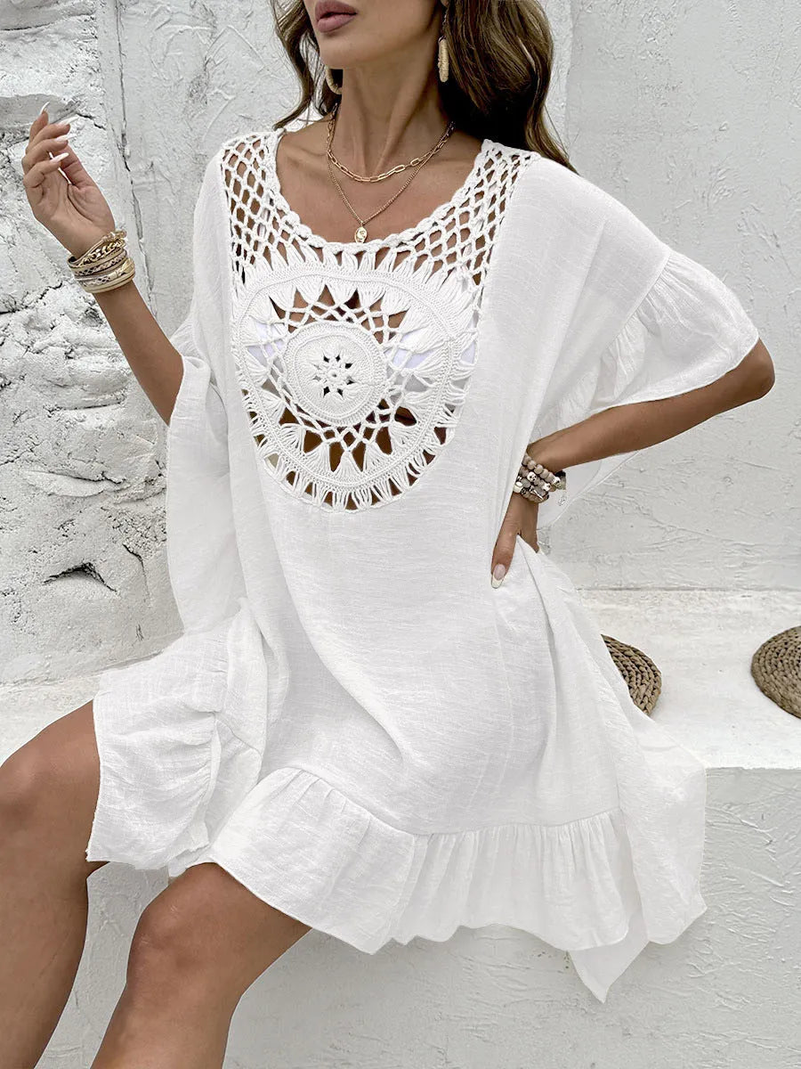 Crochet stitching tassel beach cover-up dress in a patchwork skirt style.