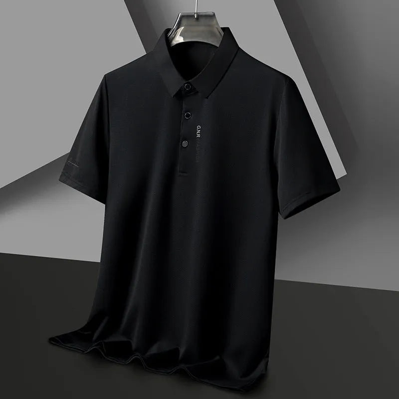 Men's waffle short sleeve polo shirt in bean green, loose fit with side slits, on plain background