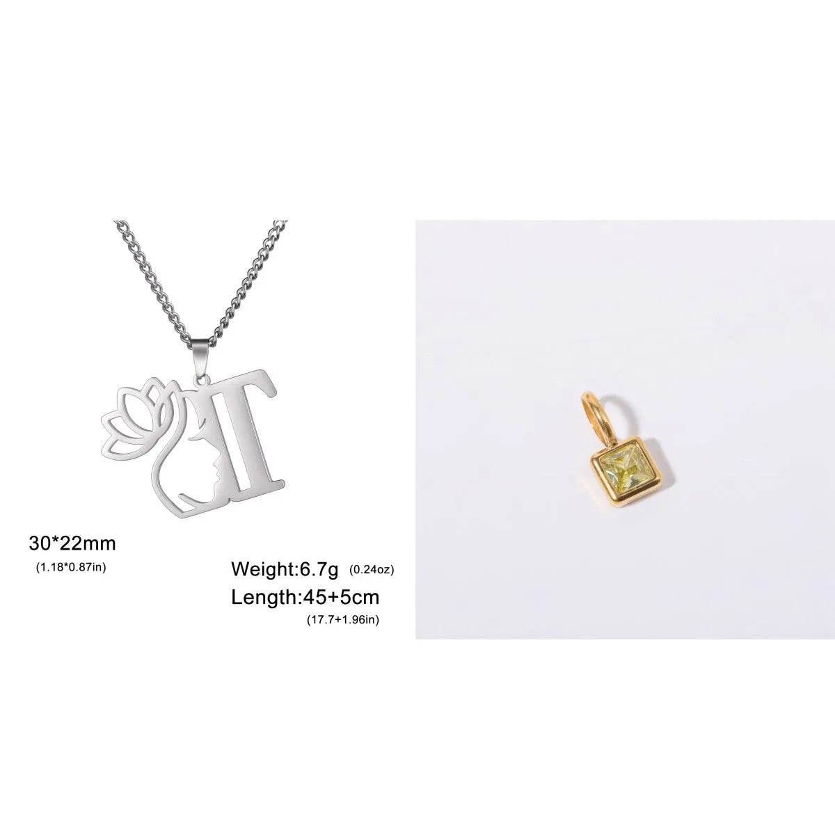 Stainless steel necklace with cross chain and a single initial pendant in a gold or silver finish.