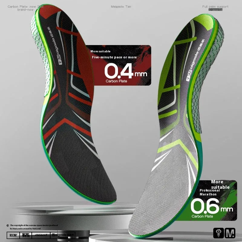 Unisex marathon racing insoles in green and red with carbon plate EVA PU gel cushioning