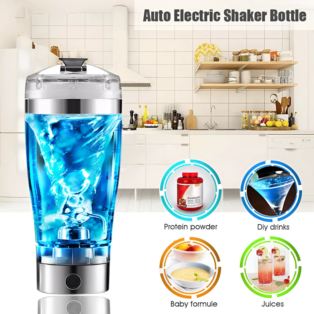 Electric protein shake stirrer with USB rechargeable base, 450ml clear cup, and 304 stainless steel bottleneck ring