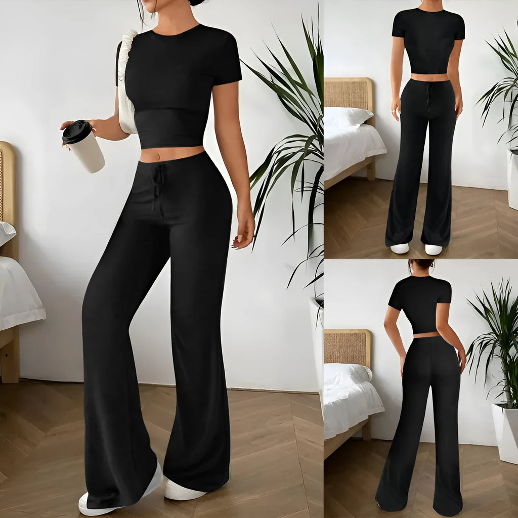 Black polyester women's suit set with high waist trousers and short sleeve t-shirt