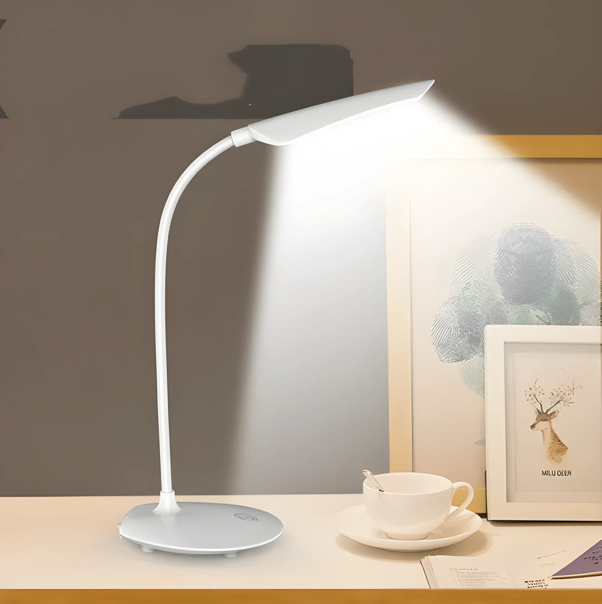 White LED desk lamp with touch control and USB charging, compact simple design on desk
