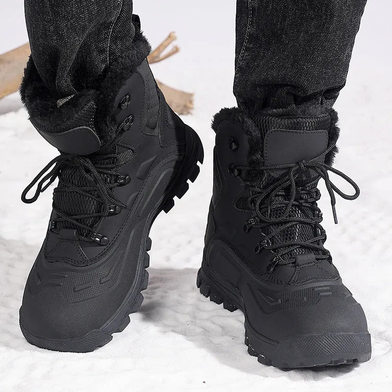 Men's black high-top boots with fleece lining and lace-up front, shown on a ribbed sole.