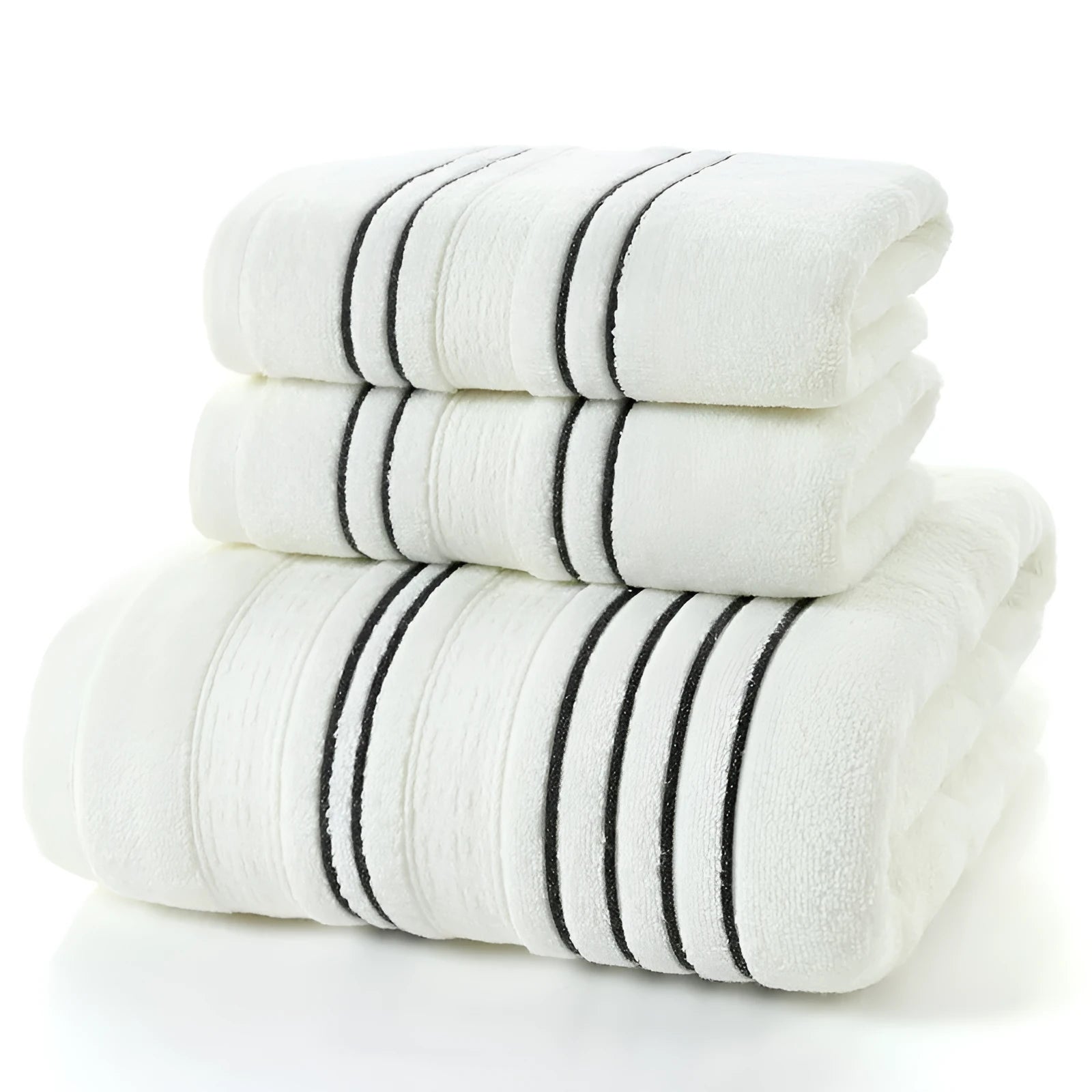 Pure cotton bath towel set with one large towel and two hand towels in neutral colours.