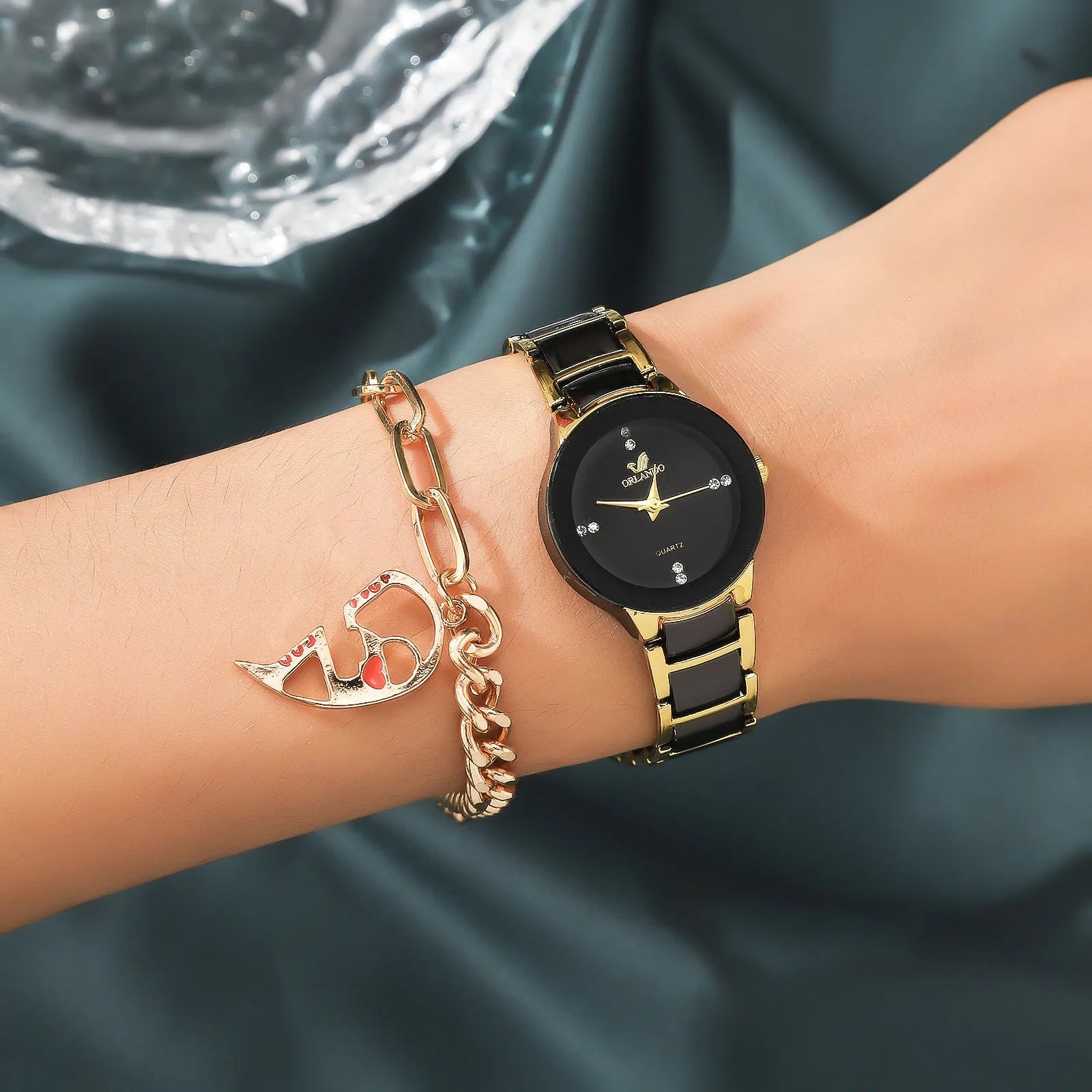 New fashion simple all-match couple watch and heart bracelet set for women, 11mm thickness, casual style, OPP packaging