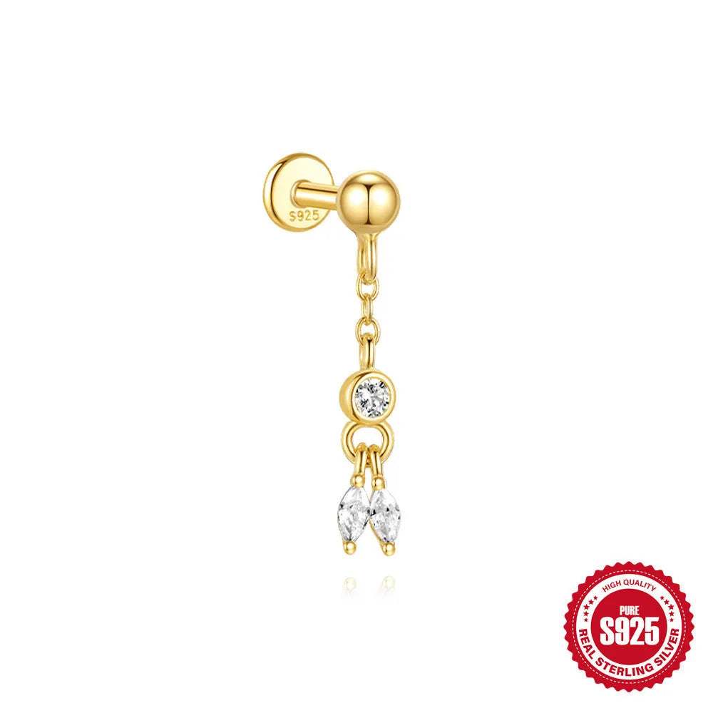 S925 sterling silver water drop shaped earrings with a flat spiral geometric design on a white background.