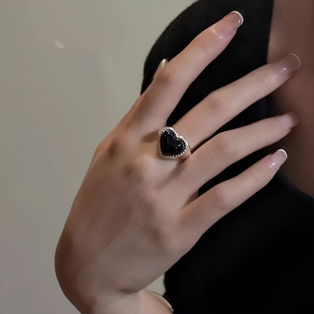S925 sterling silver ring with black heart agate stone and adjustable opening
