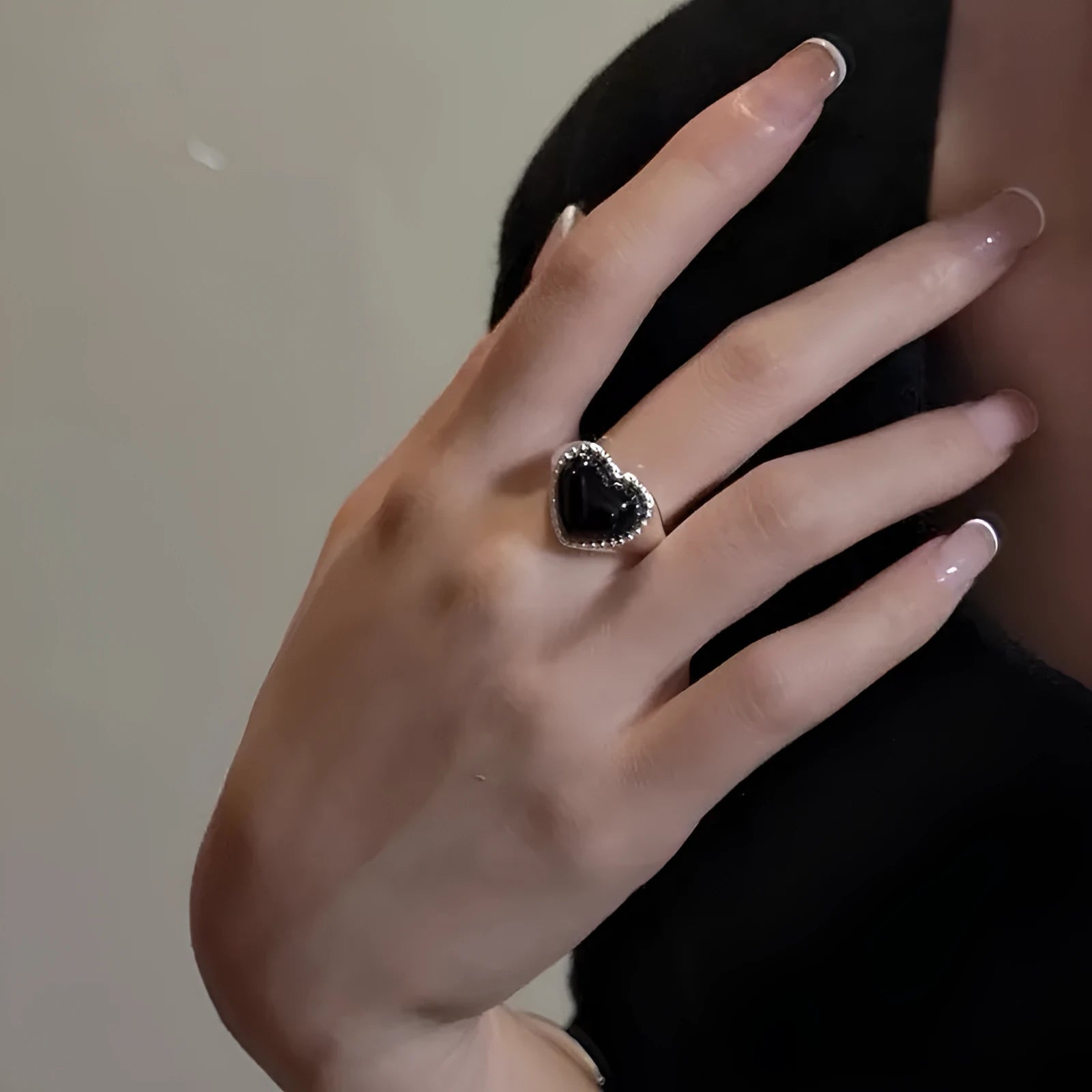 S925 sterling silver ring with black heart agate stone and adjustable opening