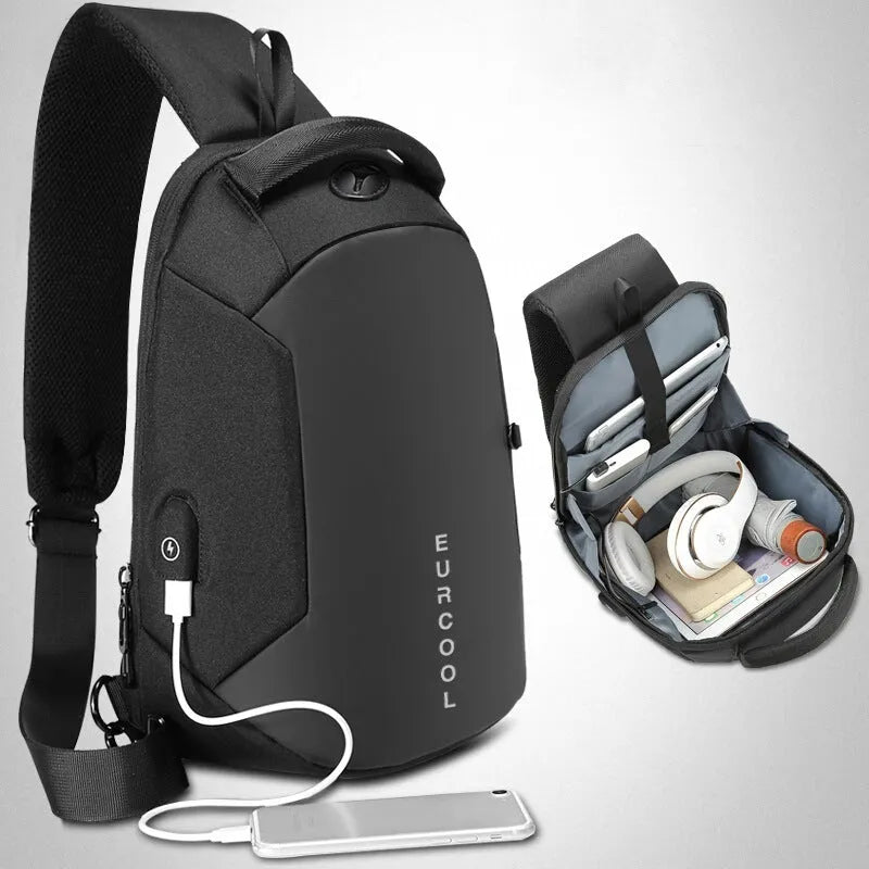 Men's black Oxford crossbody bag with single adjustable shoulder strap and USB charging port, front view