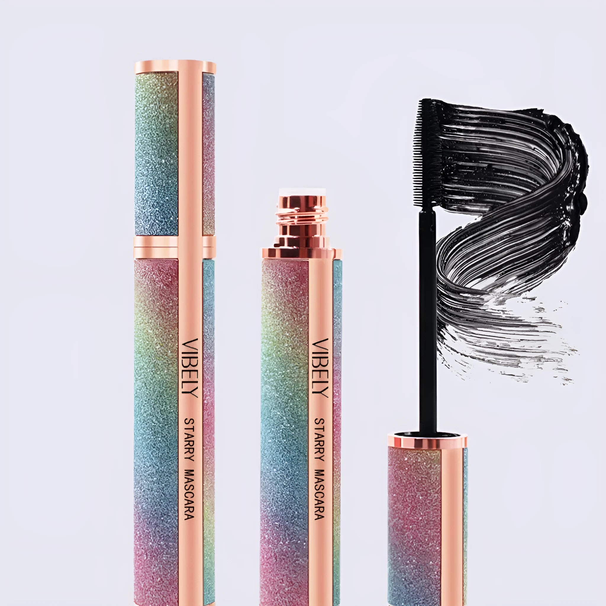 Black waterproof mascara wand with thick curling formula in English packaging