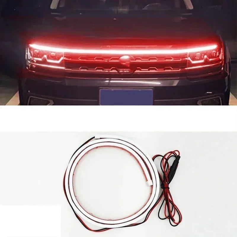 Flexible silicone LED car light strip showing white, blue, and red colour options in different lengths.