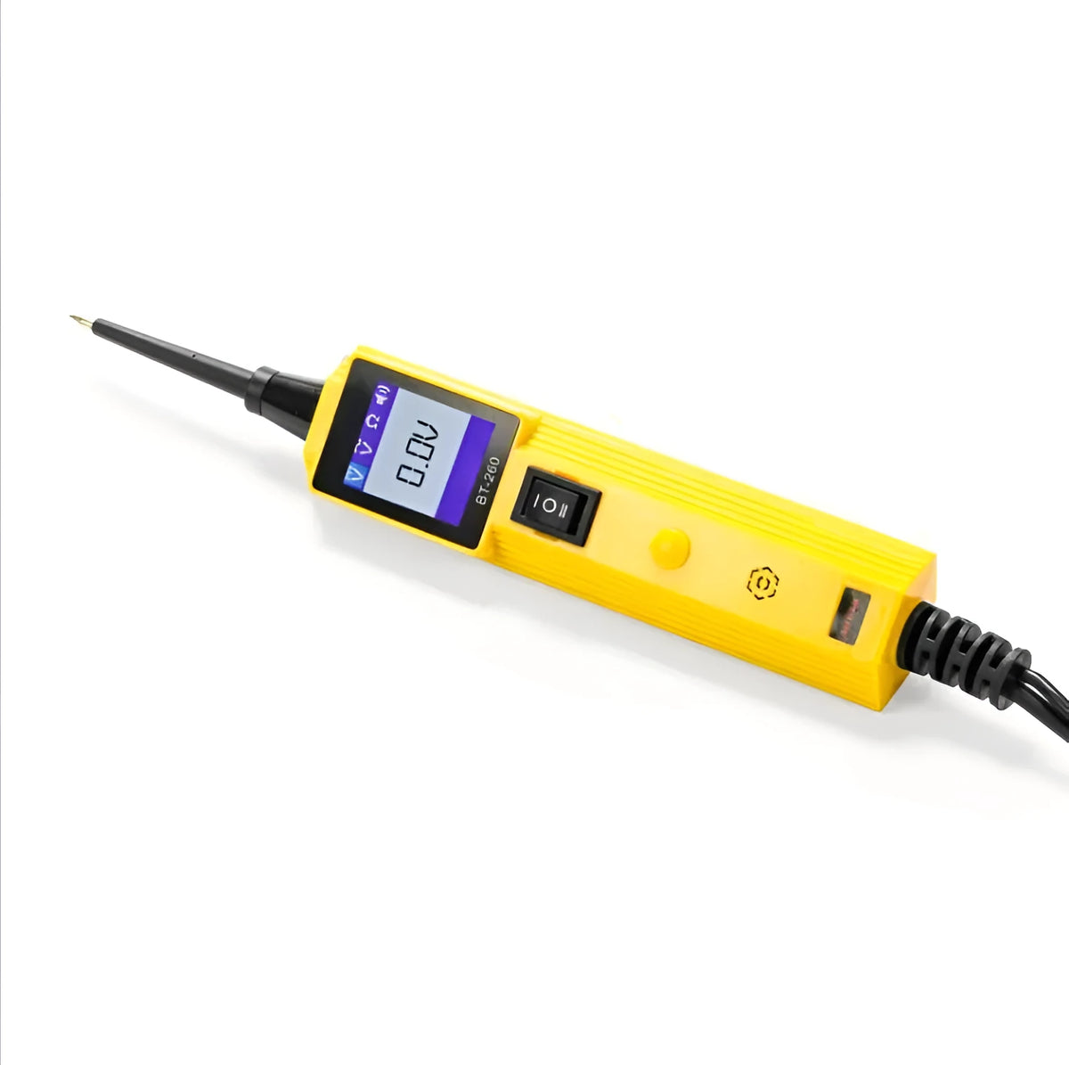 BT260 yellow automotive circuit voltage tester with LCD screen, LED lamp, and probe