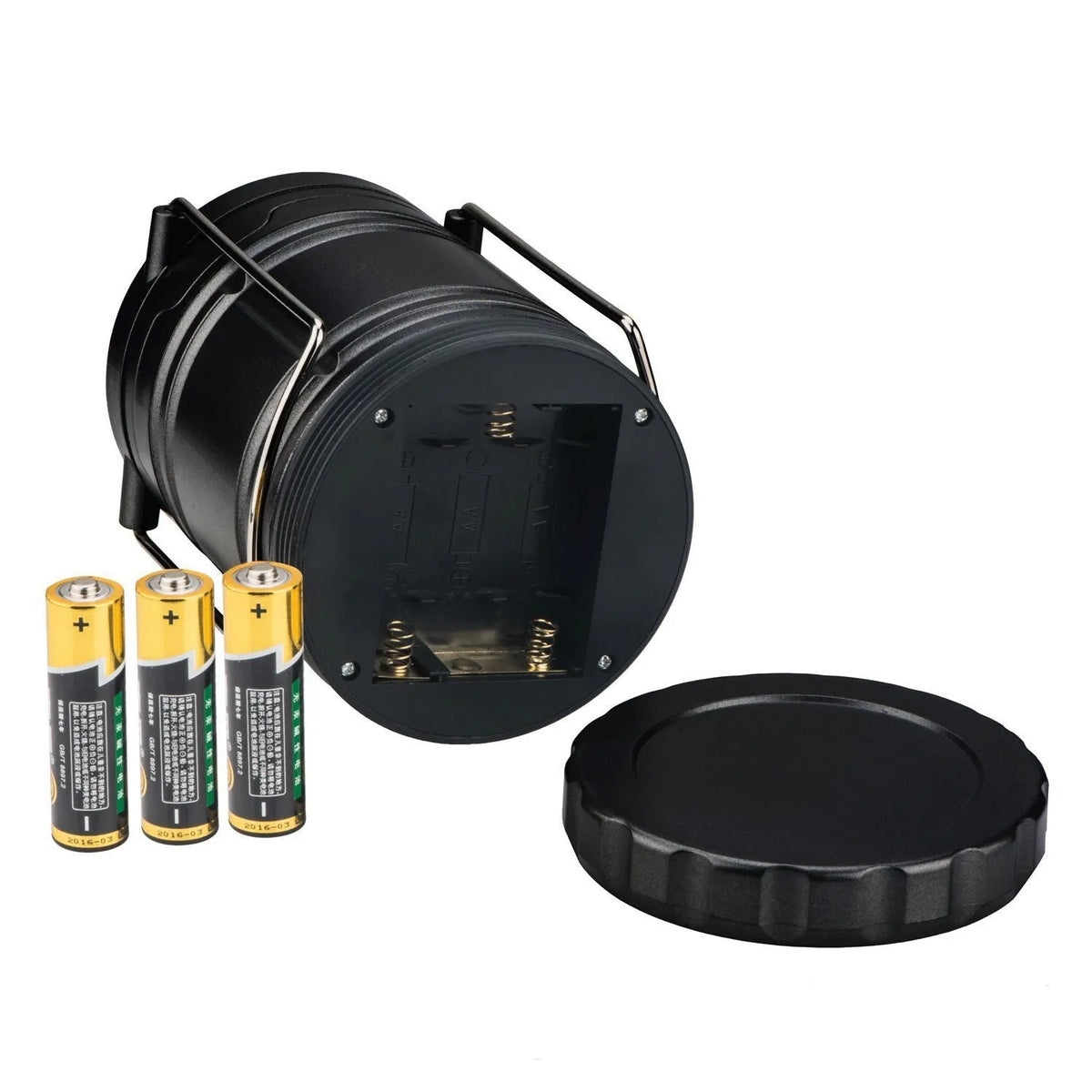COB LED camping lantern in black, telescopic with hook, on outdoor background