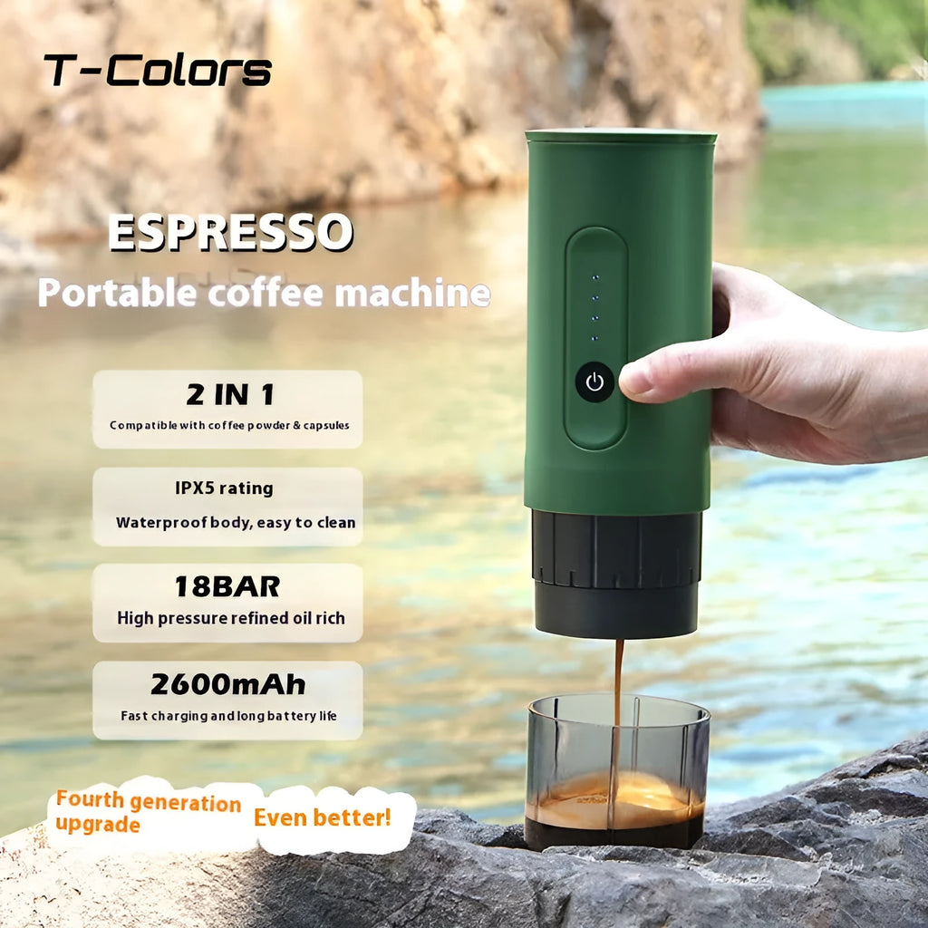 Portable handheld stainless steel electric coffee machine in jungle green colour