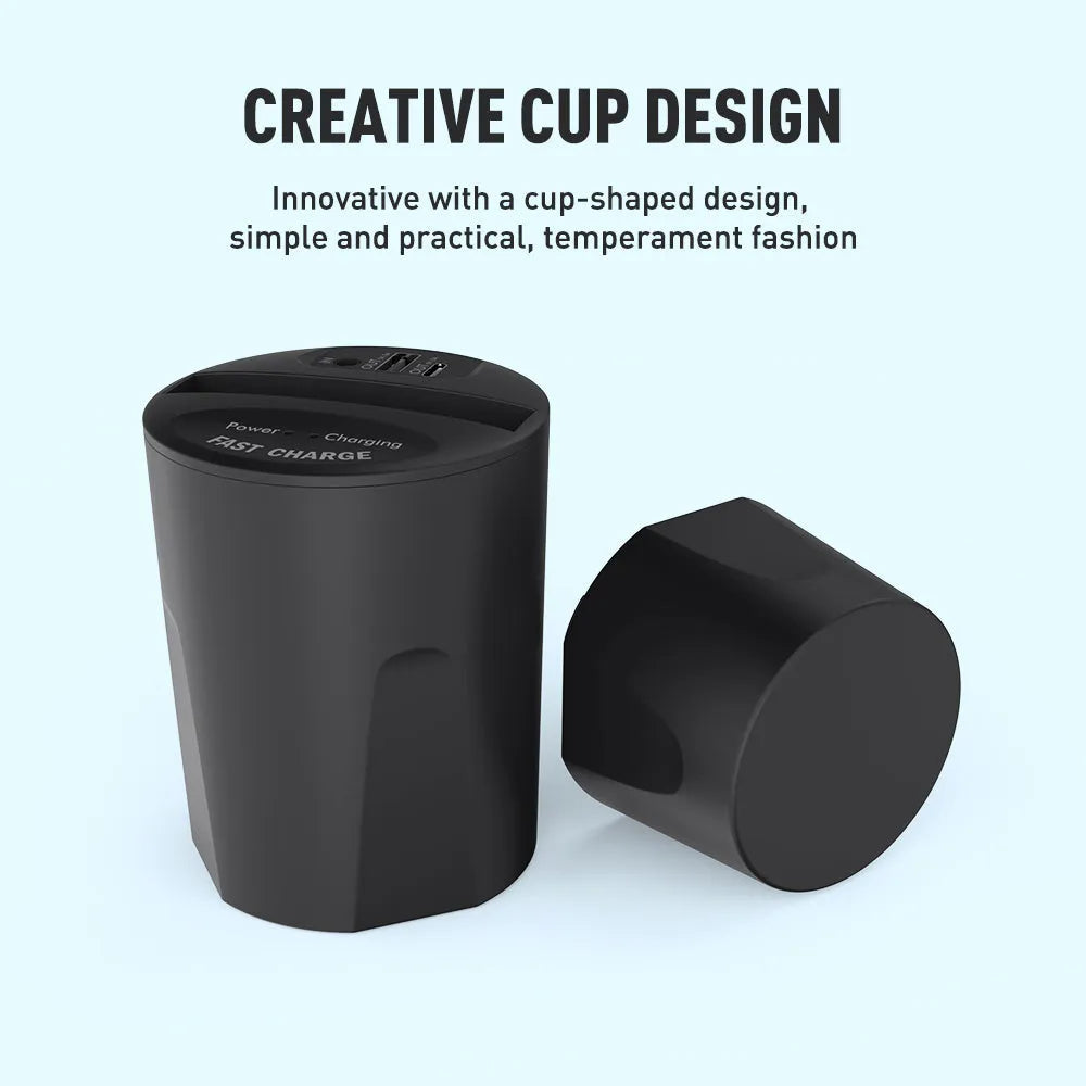 Black car wireless charging cup holder with QI 10W charging, USB and Type-C ports