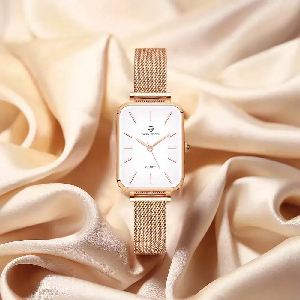 Women's waterproof quartz watch with 34mm alloy case and woven steel strap in rose gold or silver