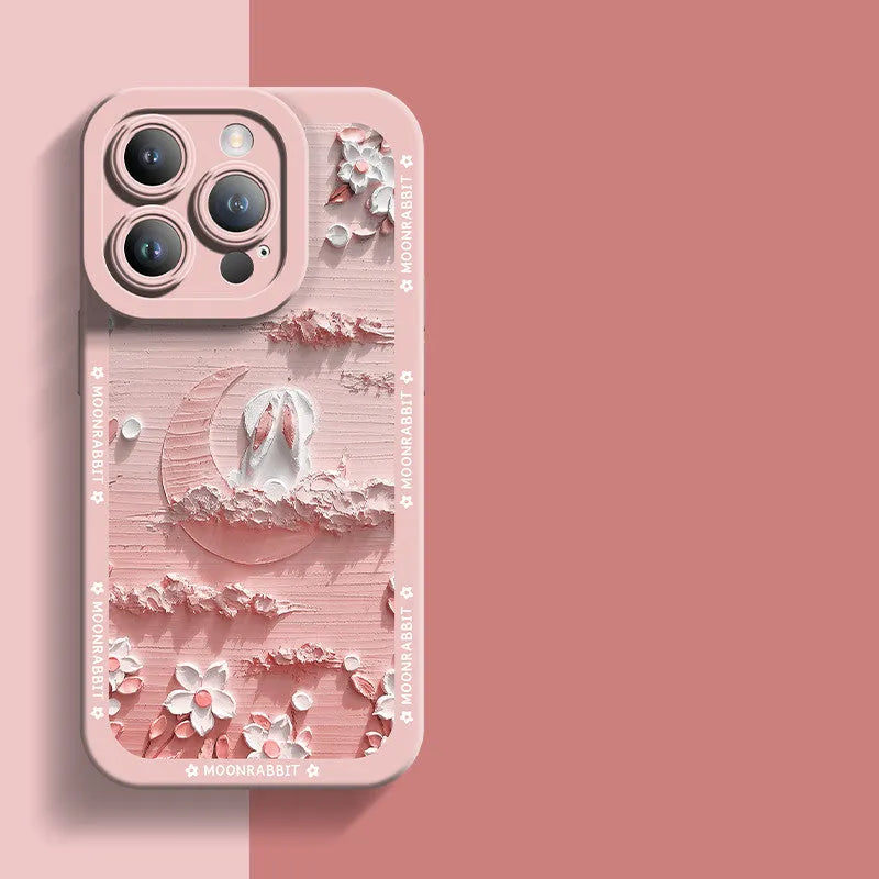 Oil painting liquid silicone anti-drop phone case in pink and cyan for iPhone models