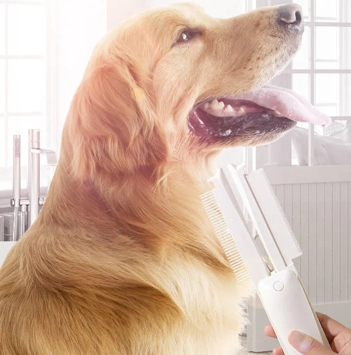 Pink and white ABS plastic pet grooming brush for dogs and cats on flat surface