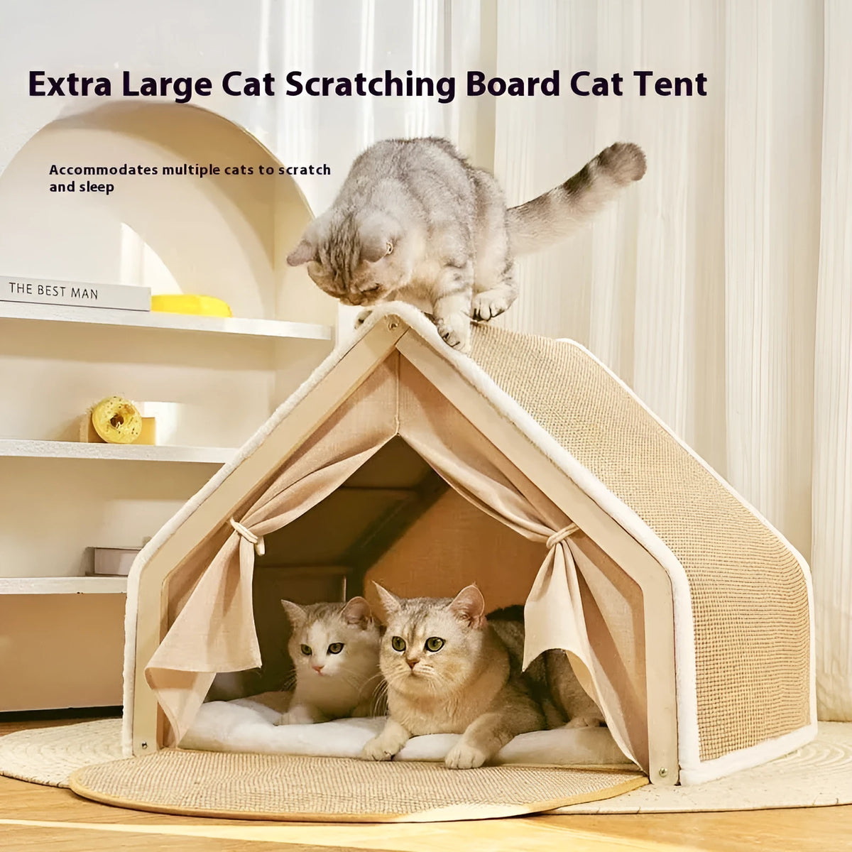 Sisal cat scratch board tent with solid wood frame for indoor cats, large size