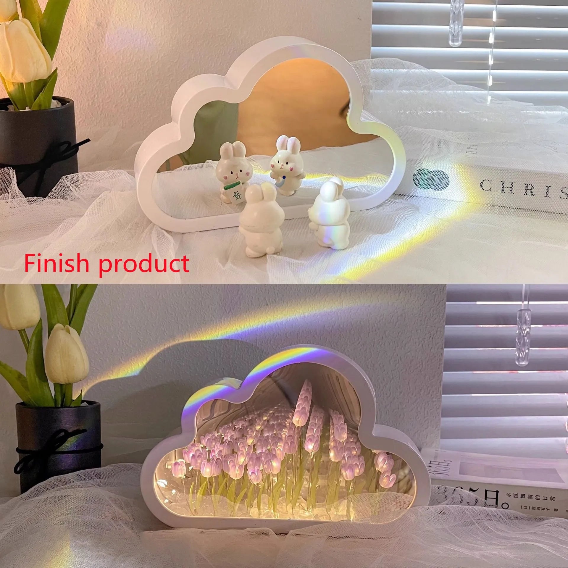 DIY cloud tulip decorative night lamp with LED lights and mirror surface for bedroom or desk