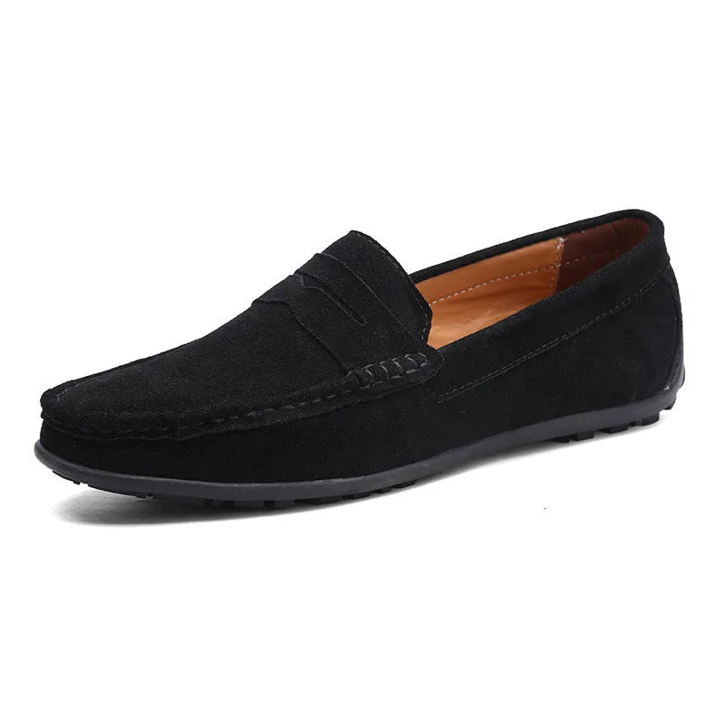 Men's brown suede Gommino loafers with round toe and flat rubber sole, plus size