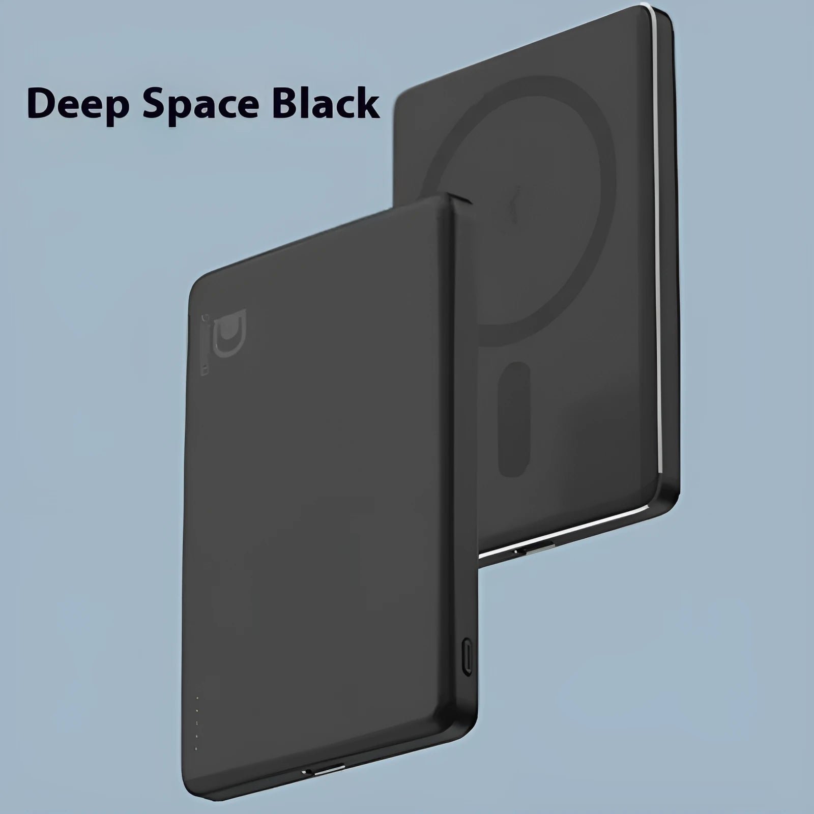 Ultra-thin aluminium alloy magnetic power bank in four colours showing 20W fast charging and wireless charging functions.
