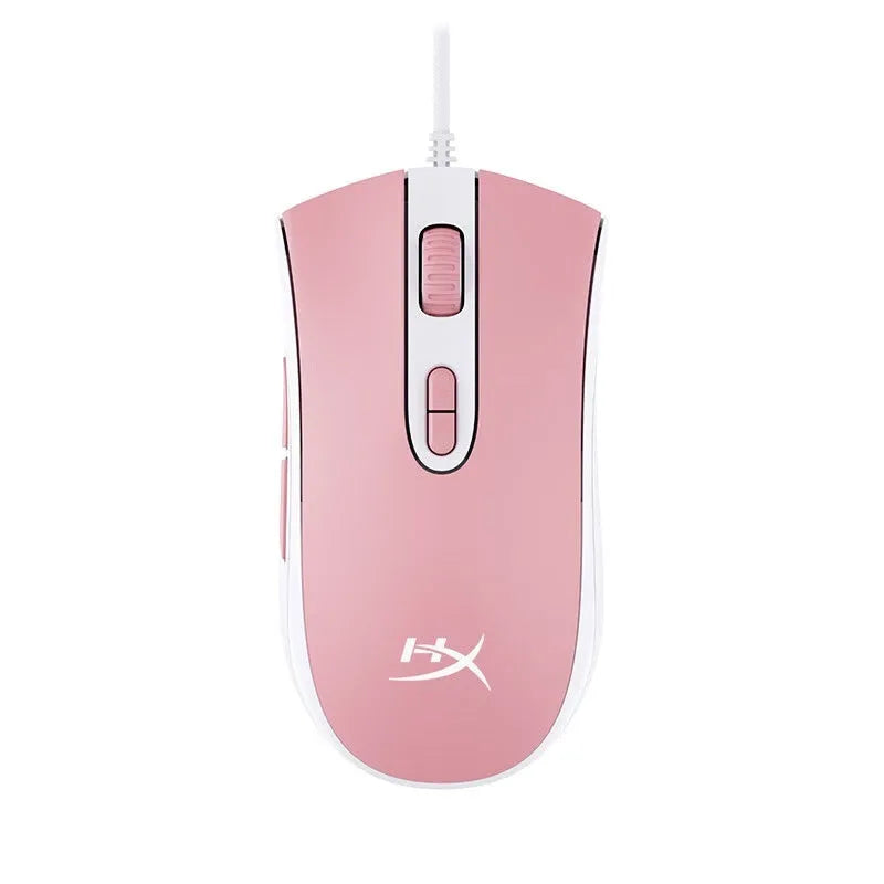 HyperX Pulsefire Core RGB wired gaming mouse in black and pink colours on a desk.