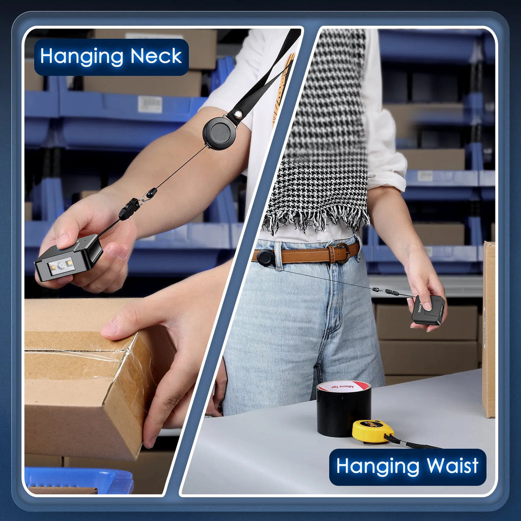 A person wearing a Bluetooth barcode scanner mounted on a wrist glove, scanning a product package.