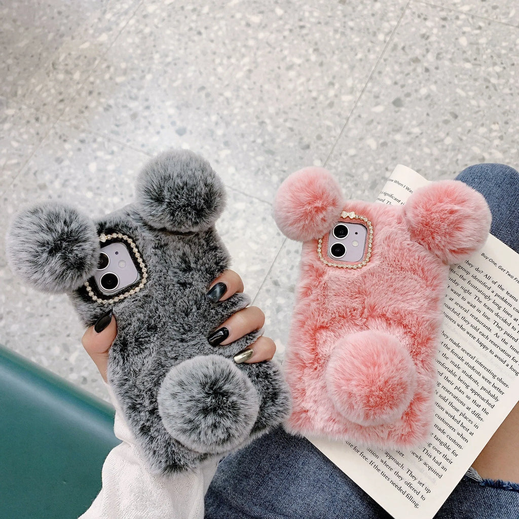 Cute plush panda hand warmer thermal shell case for iPhone 15