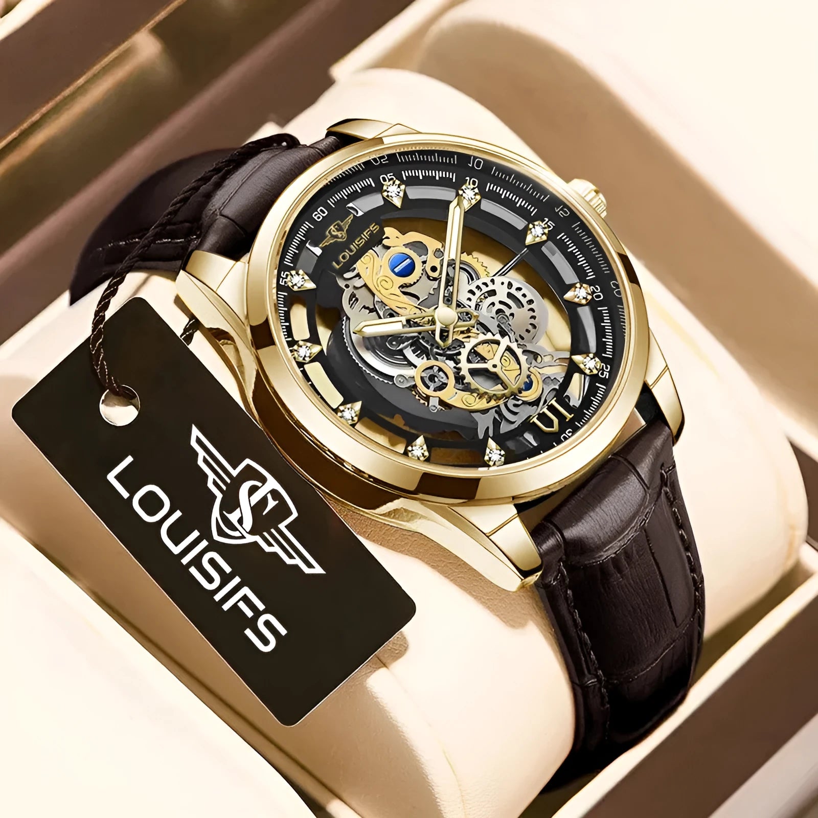 Men's Swiss quartz business watch with hollow case showing movement, available in three colour combinations