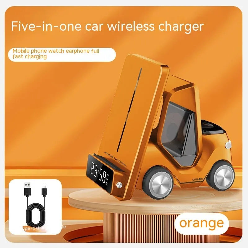 Grey 15W three-in-one wireless charging stand for mobile phones showing its angled design and Type-C port.