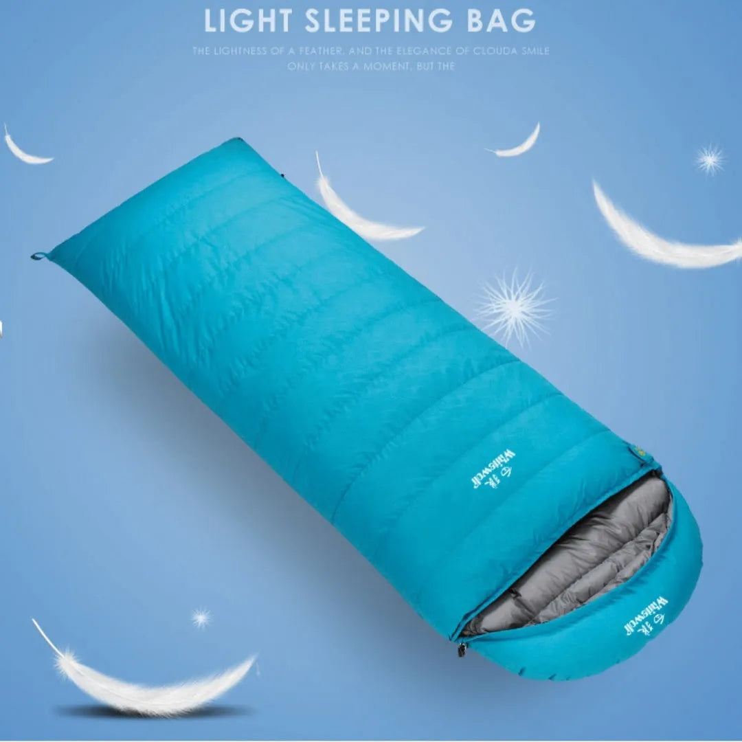Black outdoor down sleeping bag with envelope structure for adult campers.