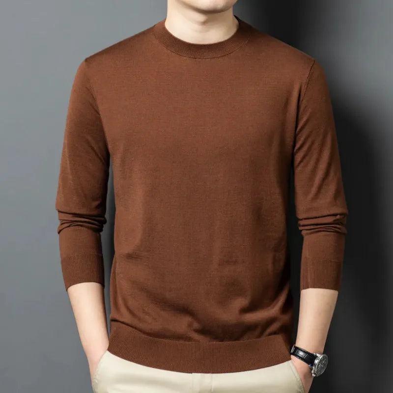 Men's round neck long sleeve sweater in wool and mulberry silk, shown in a choice of colours for winter.