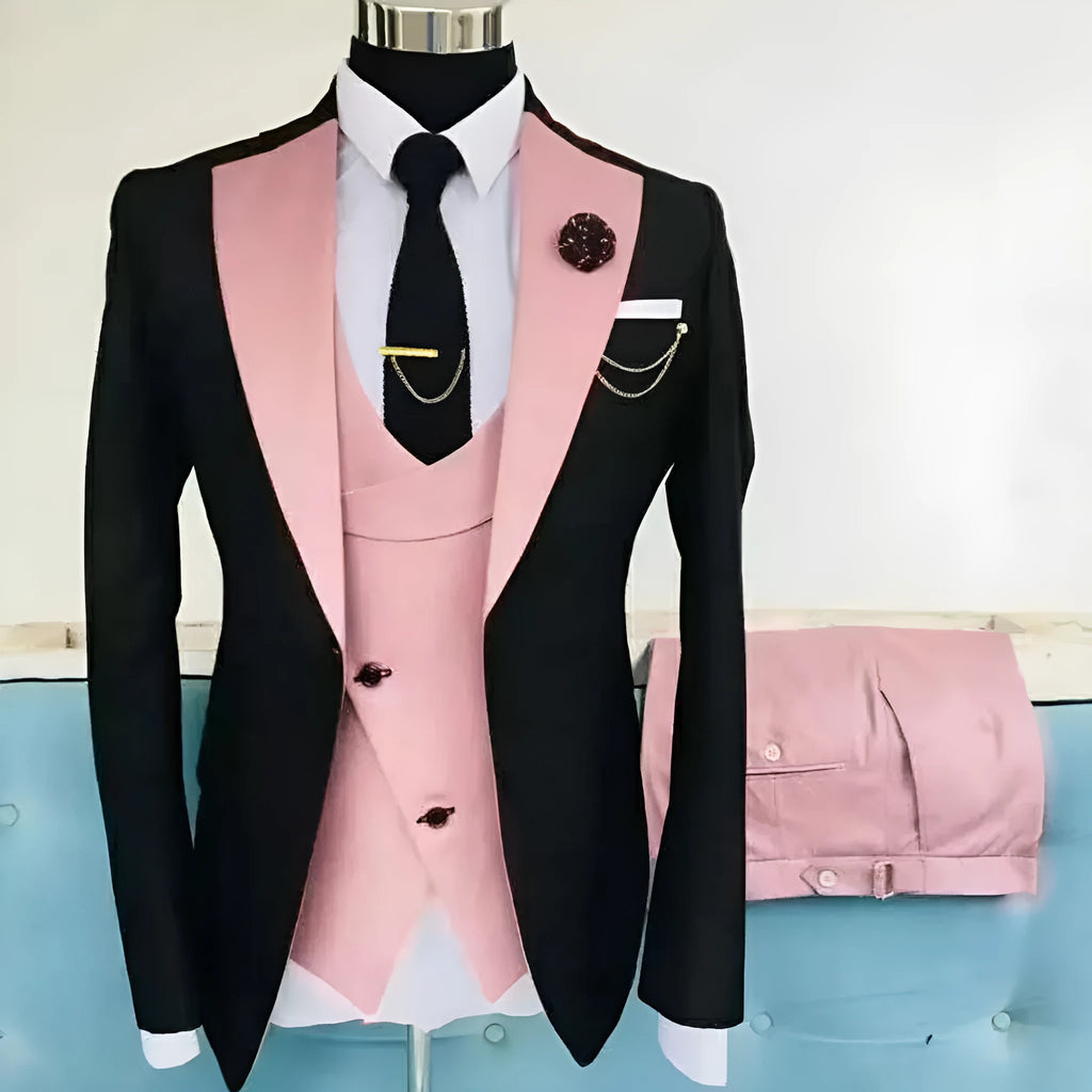 Men's slim fit three-piece suit in a light business style with coat, vest, and trousers