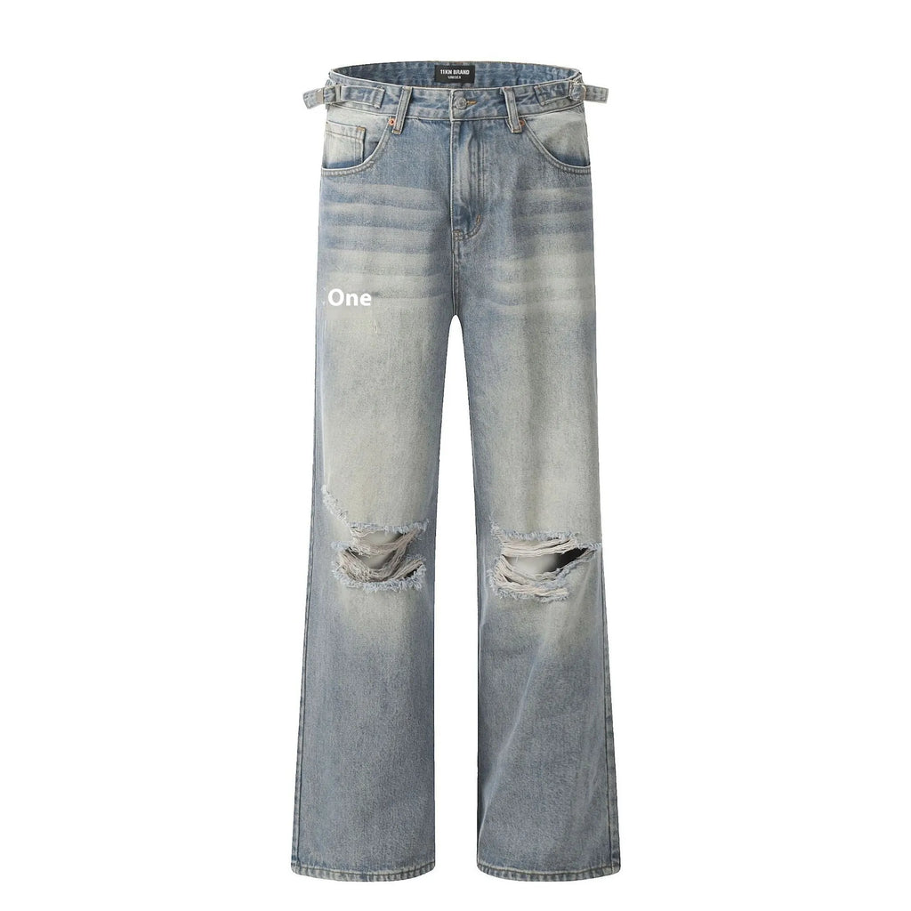 Blue cotton blend men's straight leg jeans with retro ripped detailing, front view, zipper fly, standing pose