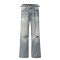 Blue cotton blend men's straight leg jeans with retro ripped detailing, front view, zipper fly, standing pose